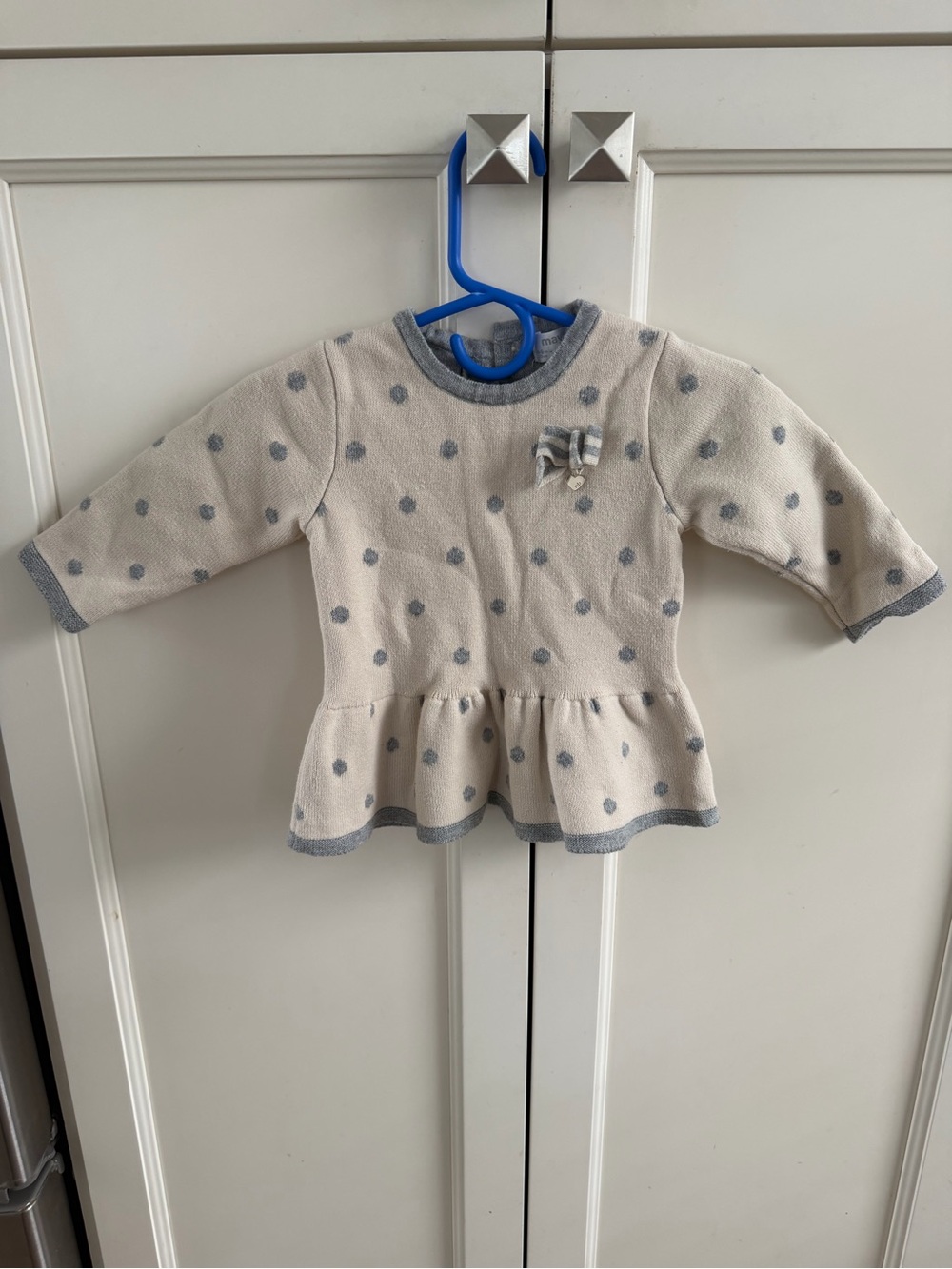 Mayoral 4-6m Cream Gray Polka Dots and Bow sweater dress